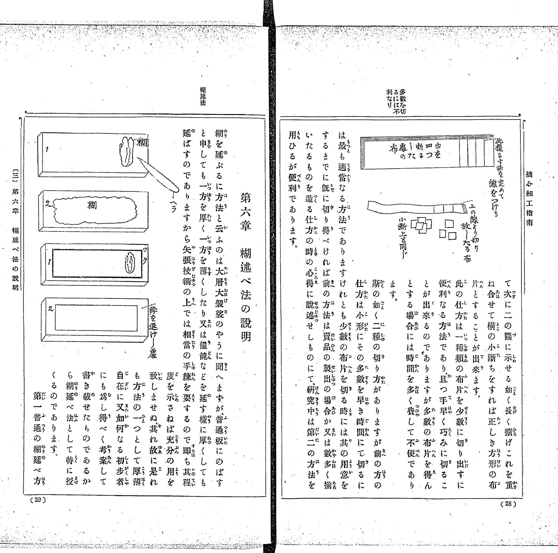 『摘み細工指南』28〜29頁の見開き。右頁は布を四つ折りにして小断布片を切り出す図、左頁は「第六章 糊延べ法の説明」で糊板に姫糊を延べる四つの図(明治42年・国立国会図書館蔵)