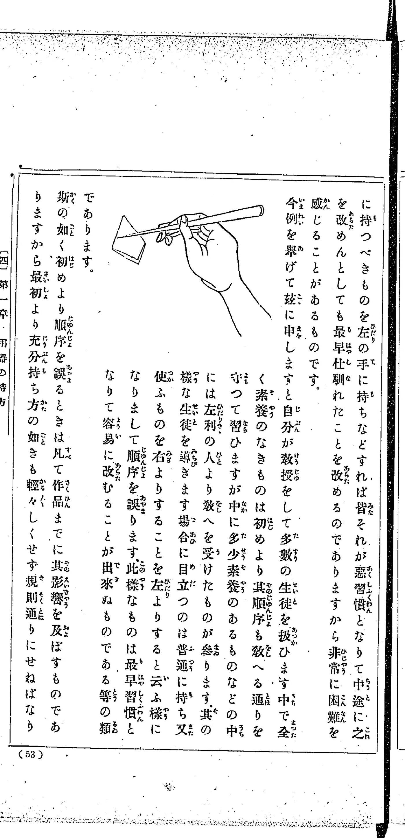 『摘み細工指南』53頁「第四編 実習上の説明 第一章 用器の持方」。ピンセットを持つ右手を描いた図（明治42年・国立国会図書館蔵）