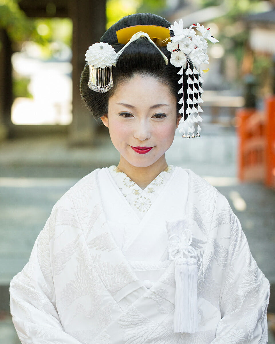 純白花嫁かんざし　白無垢　正絹　シルク　ウエディング　結婚式　披露宴　花嫁 夫婦鶴かんざしセット 白無垢・打掛の花嫁髪飾り 桐箱付き