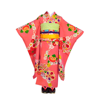 桃色紋錦紗地花つなぎ文様四つ身