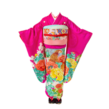 紅梅色綸子地牡丹文祝着