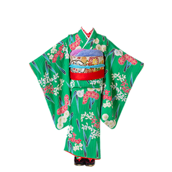 翠色四君子柄錦紗地四つ身