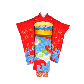 緋縮緬地麻の葉に菊文様絵羽祝い着