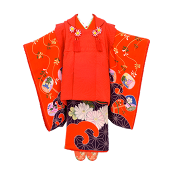 朱錦紗地麻の葉に菊文様絵羽祝い着