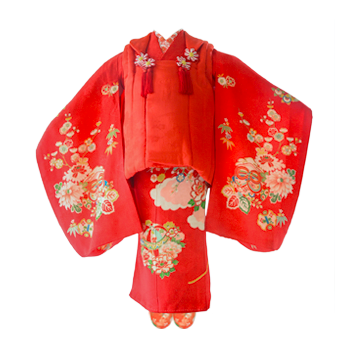 赤地四季花に宝袋祝い着